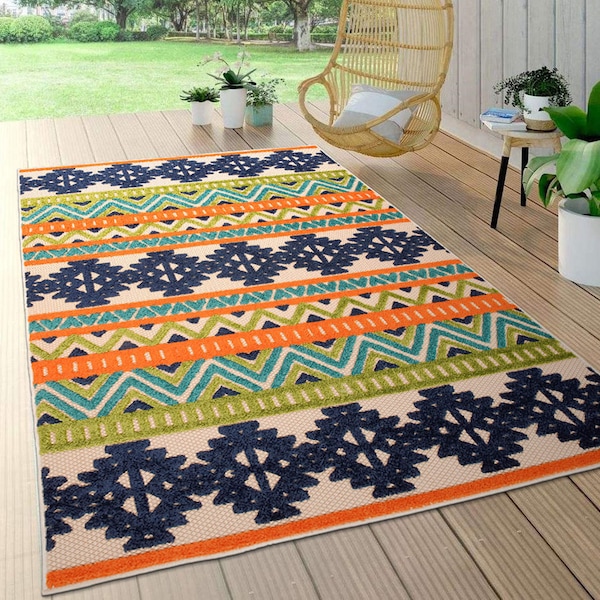 World Rug Gallery Distressed Geometric Bohemian Textured Flat Weave Indoor/Outdoor Area Rug 7'10''X10' Natural 8018MULTI8X10 - main